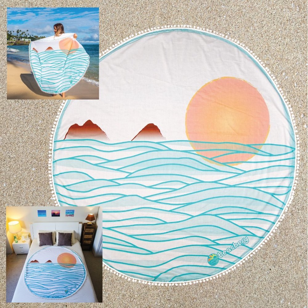NEW Hawaii print beach throw. Local design showing the mokes islands at sunrise.
